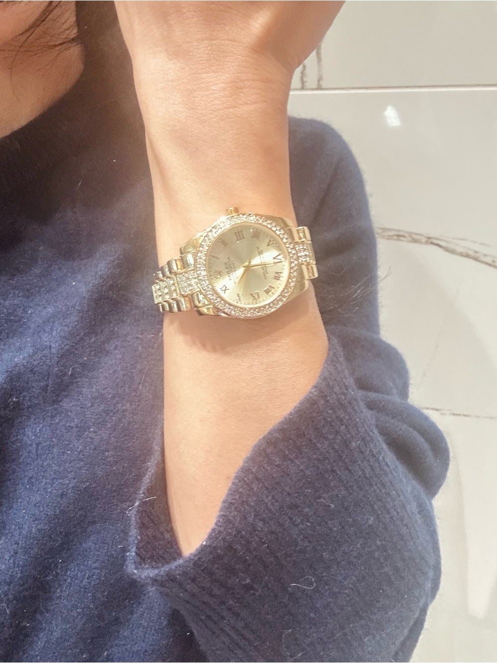 Rolex Women's Gold Crystal Bezel Roman Dial Watch